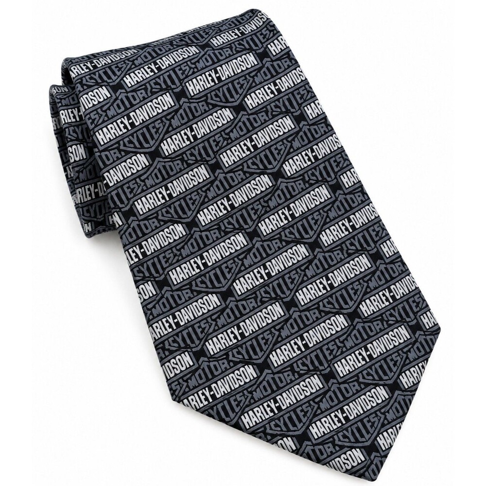 Harley Davidson Mens Silk Necktie Black Gray All Over Logo Motorcycle Made USA